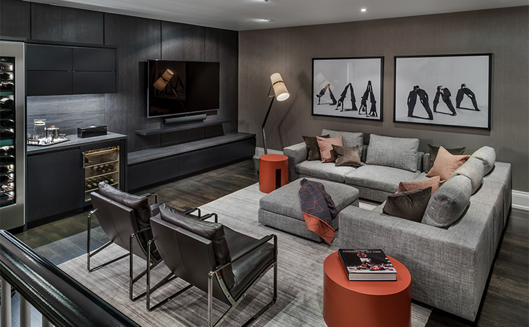 Basement living room design by Laura Hay and Photography by Gillian Jackson